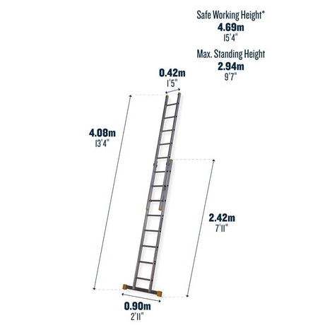 Werner 2 Section Square Rung Aluminium Extension Ladder - 2 x 8 Dimensions