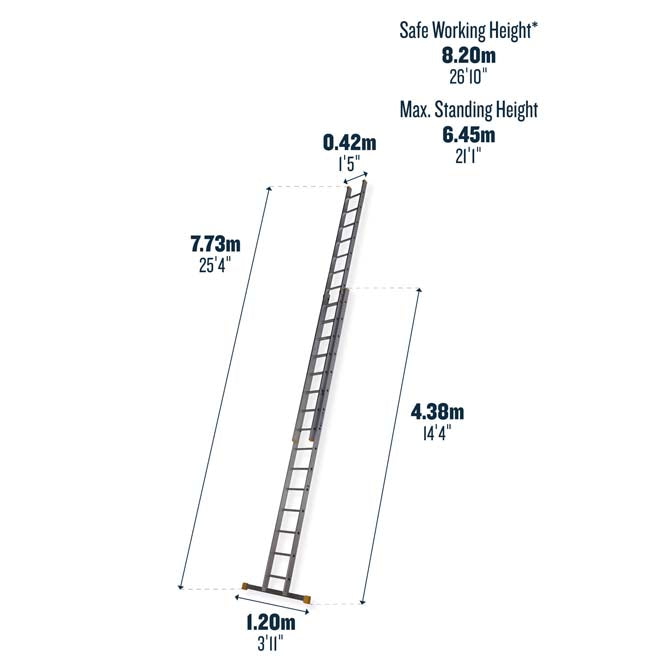 Werner 2 Section Square Rung Aluminium Extension Ladder - 2 x 15 Rung - Dimensions