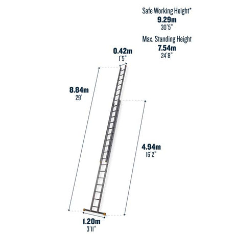 Werner 2 Section Square Rung Aluminium Extension Ladder - 2 x 17 Rung - Dimensions